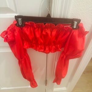 Boohoo Red Petite Bardot Ruffle Flare Cuff Crop Top -Size 2